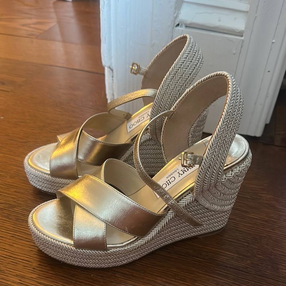 Jimmy Choo Champagne Nappa Leather Wedge Sandals with Metallic Rope Thread